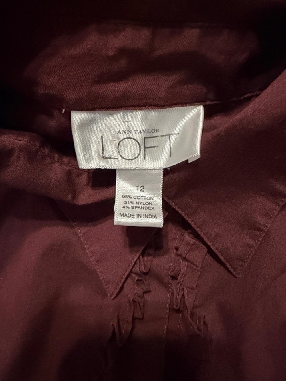 LOFT Burgundy Ruffle-Trim Button Shirt - Picture 2 of 3